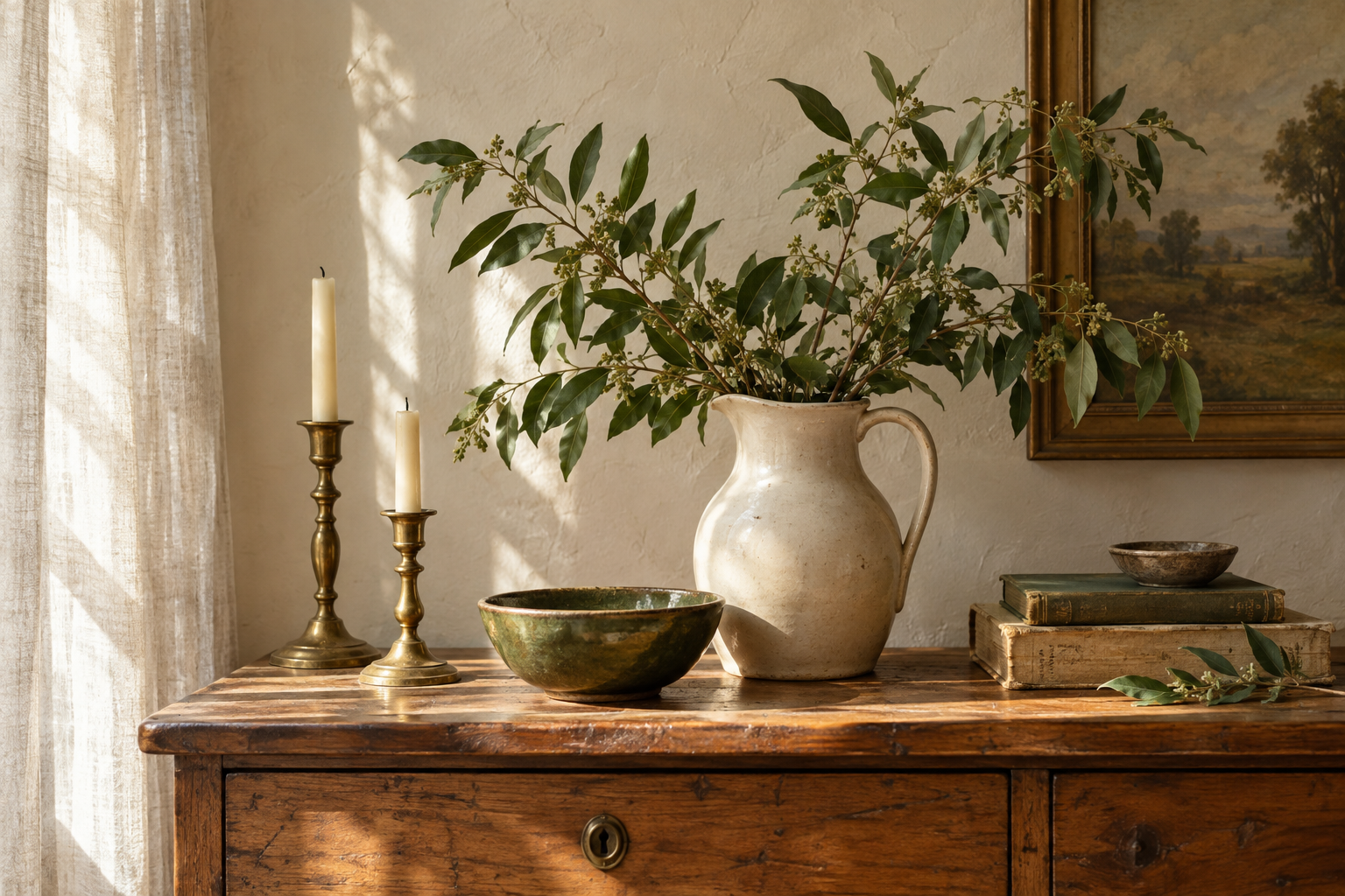 Styling inspiration: vintage objects and greenery on a warm wooden console